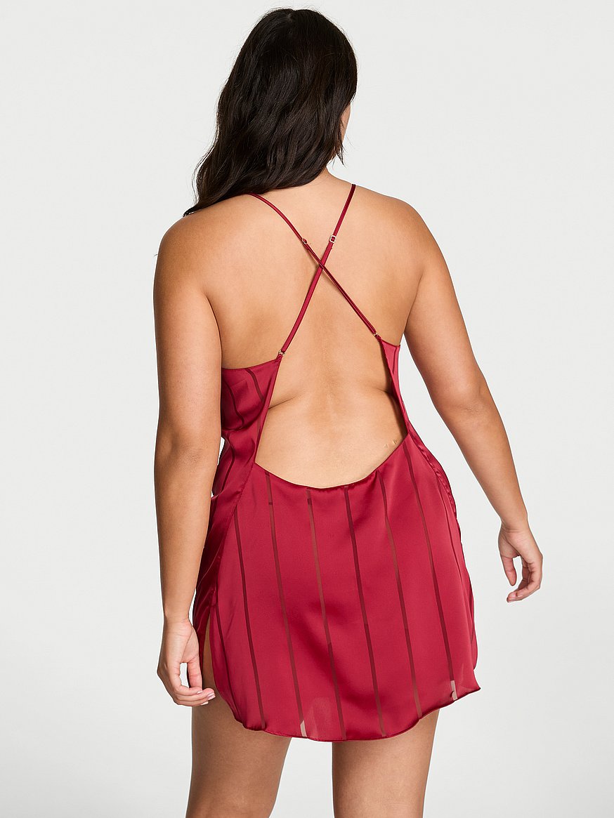Satin Sheer Stripe Open-Back Slip Dress