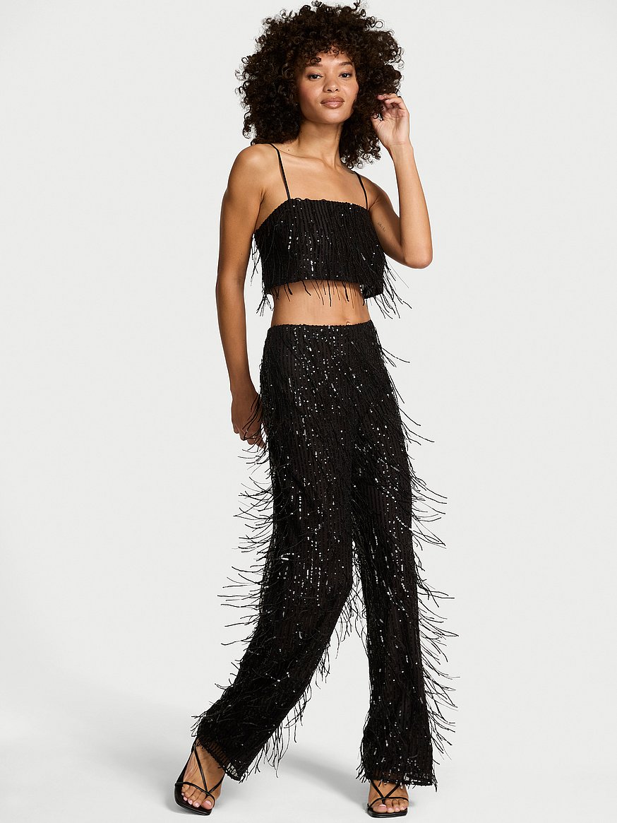 Showgirl Sequin Fringe Crop Top & Pants Set