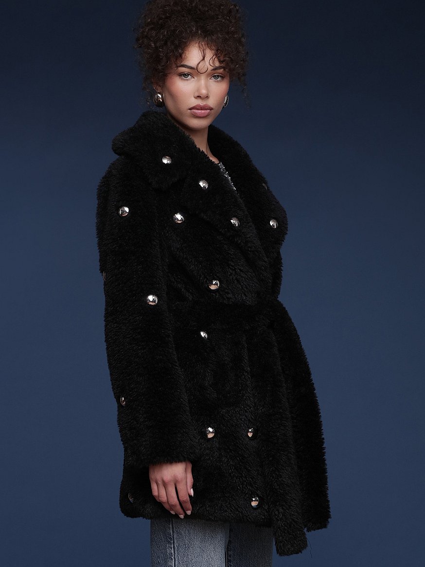 Buy Belted Robe Fur Coat, Black/Silver Studded - Order Jackets