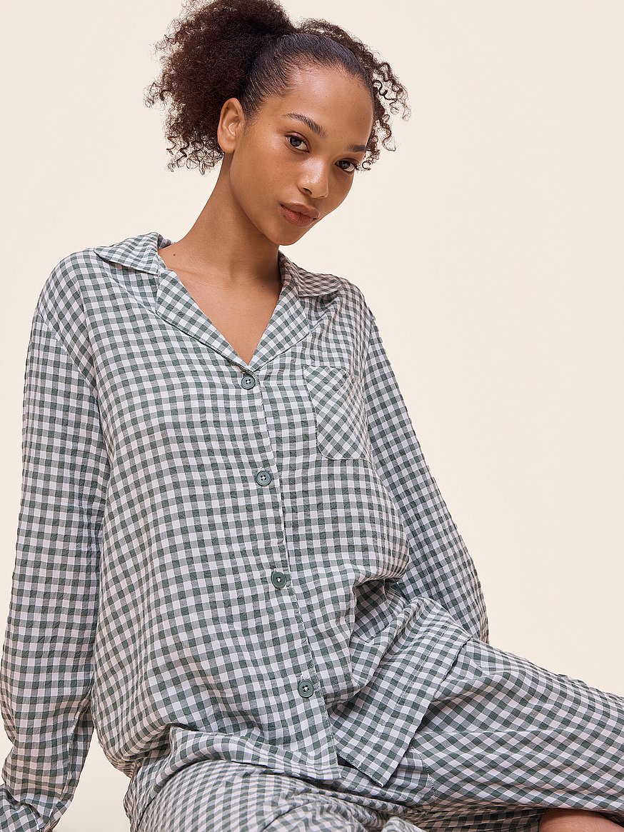 Buy Seersucker Gingham Full-Length PJ Set, Moss - Order Pajamas