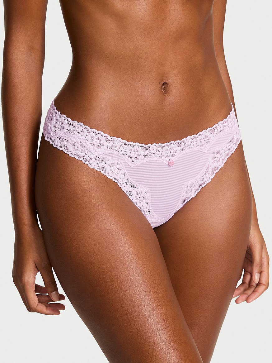 Cotton Shadow Stripe Lace-Waist Thong Panty