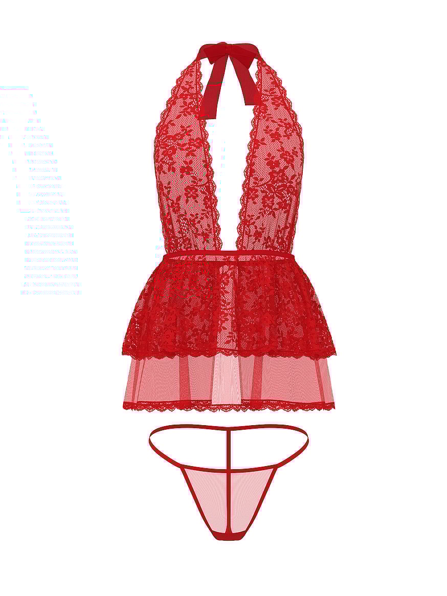 Lace Tulle Plunge Babydoll Set