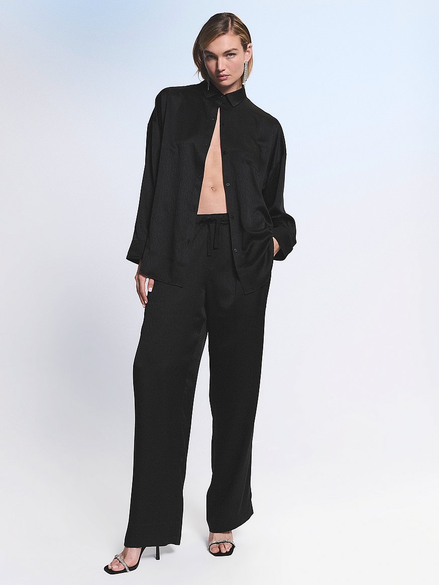 Buy Signature Satin Oversized Long Pajama Set, Black - Order