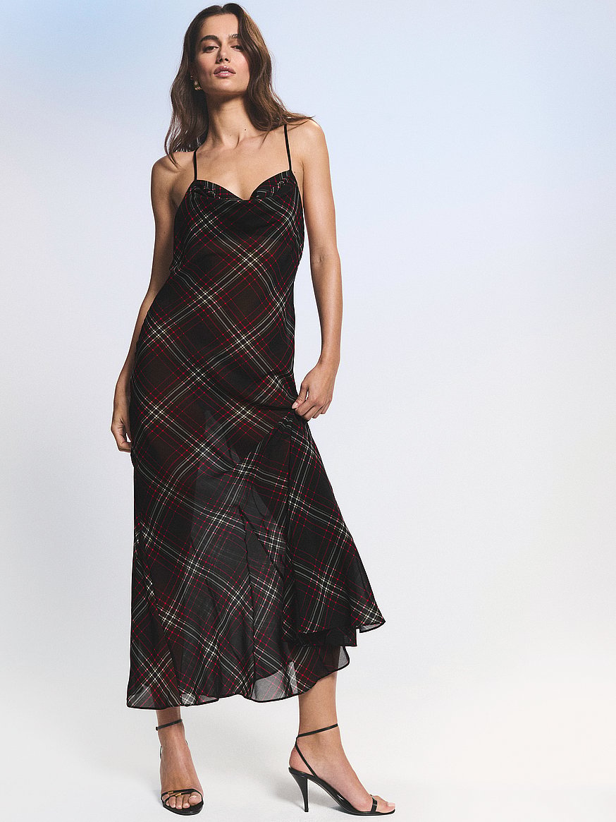 Victoria's Secret Chiffon Tartan Draped Maxi Slip Dress - Print