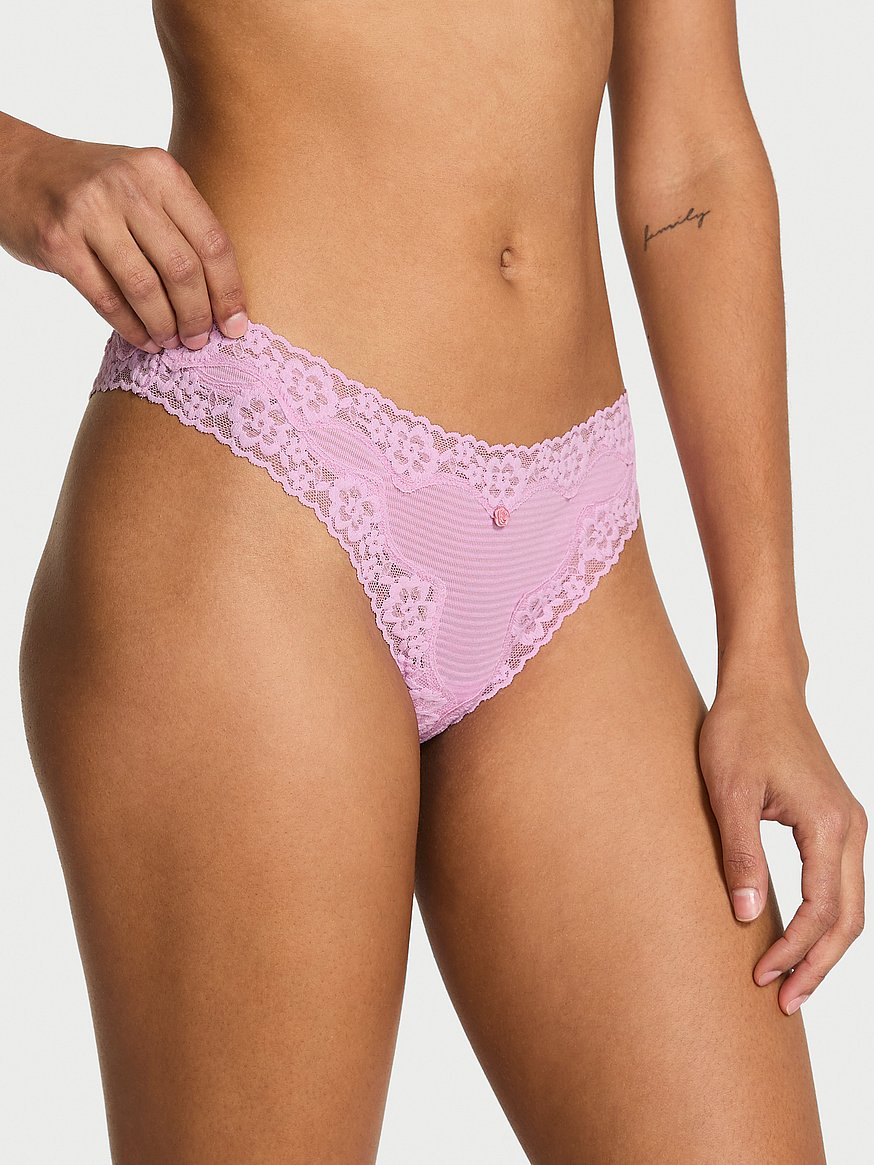 Cotton Shadow Stripe Lace-Waist Thong Panty