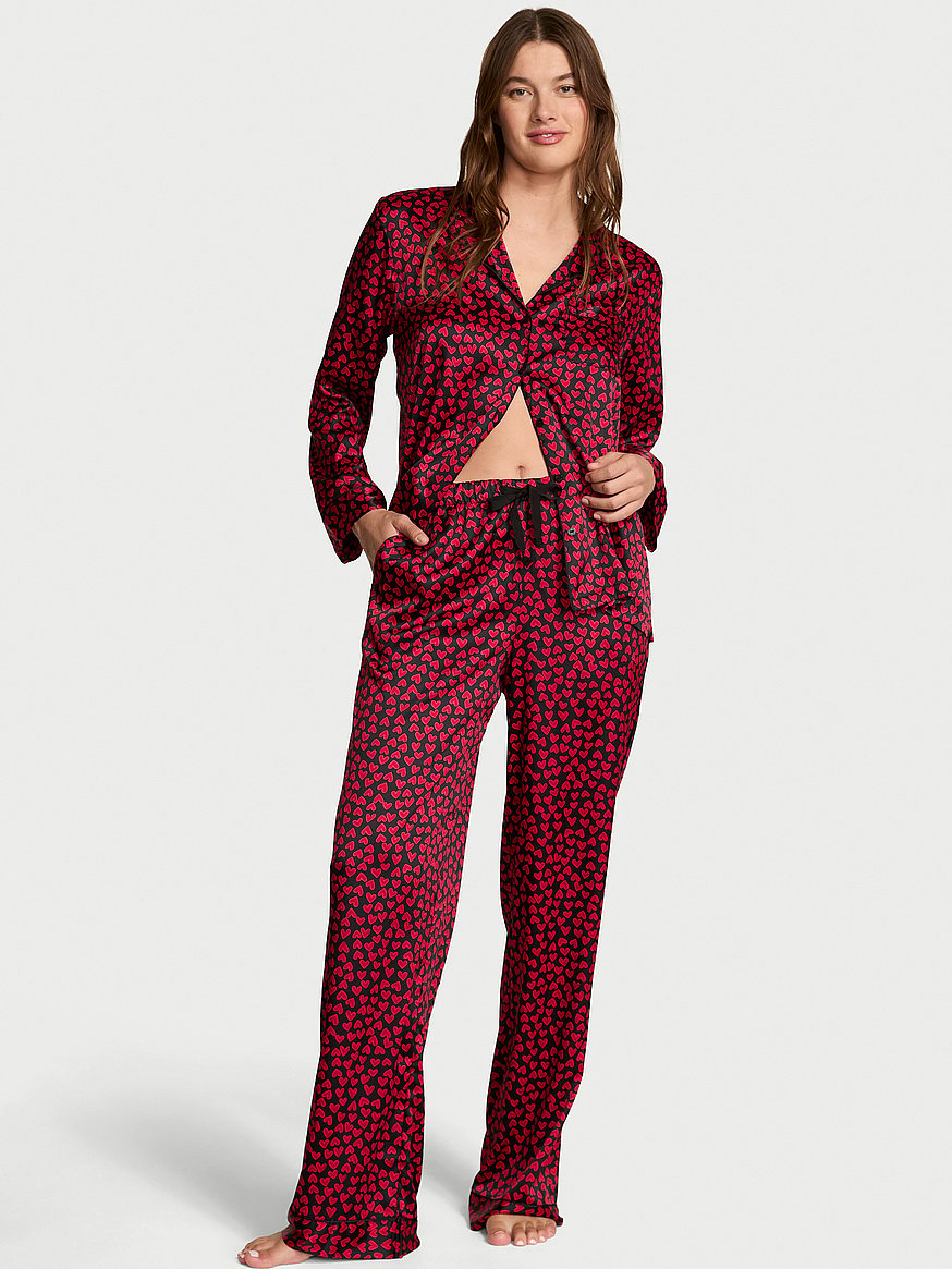 Buy Signature Satin Long Pajama Set, Black/Lipstick Scattered