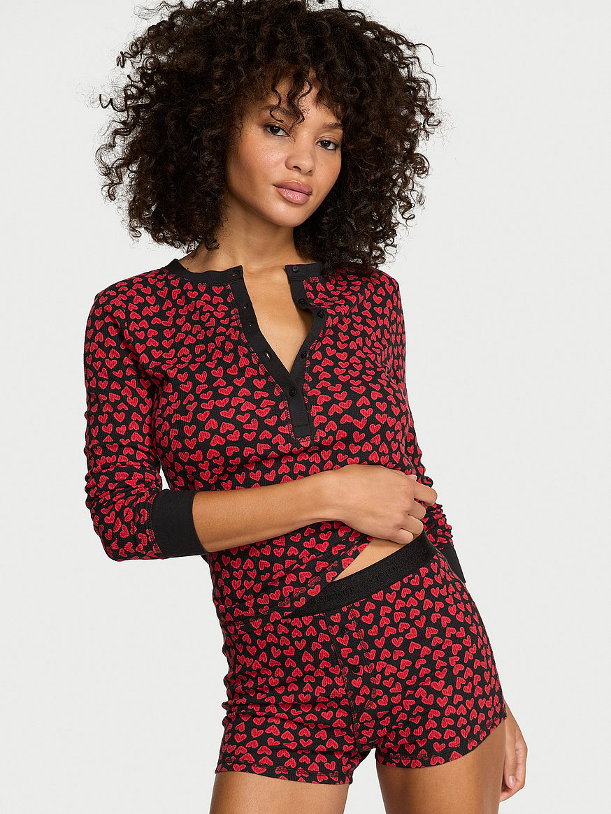 Buy Soft Thermal Henley Short Pajama Set, Black W Lipstick