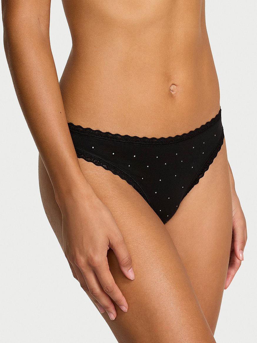 Cotton Lace-Trim Sparkle Thong Panty