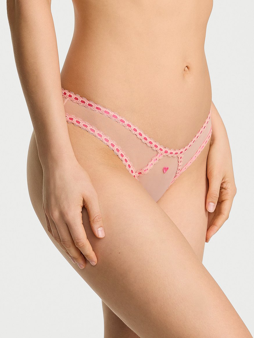 Buy Sheer Ribbon Slot Open-Back Brazilian Panty, Peach - Order