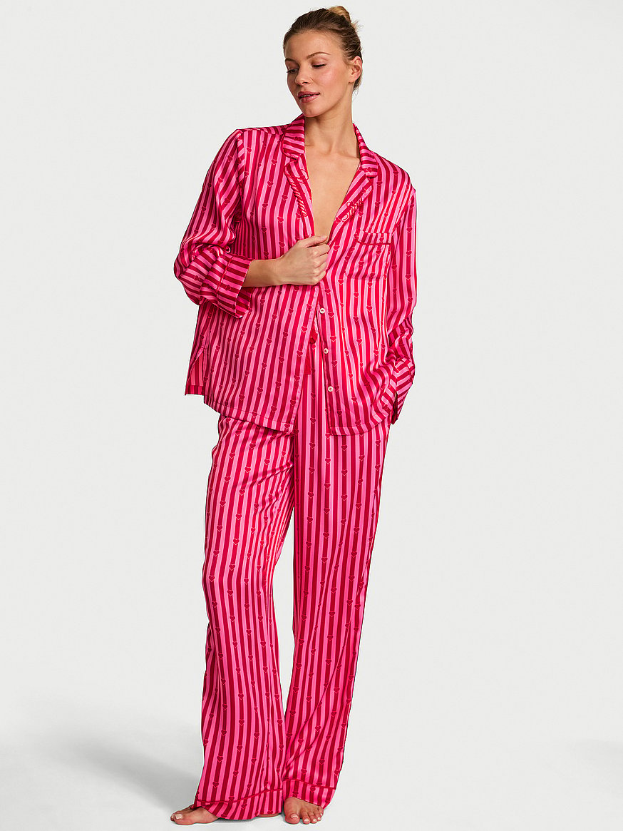 Buy Signature Satin Long Pajama Set, Lipstick/Rose Garden Heart