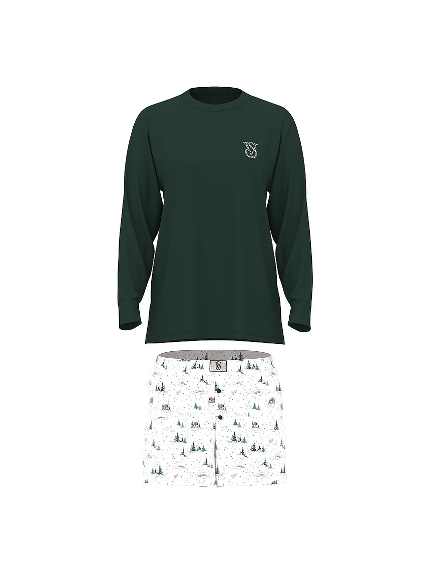 Flannel Long-Sleeve Short Tee-Jama Set