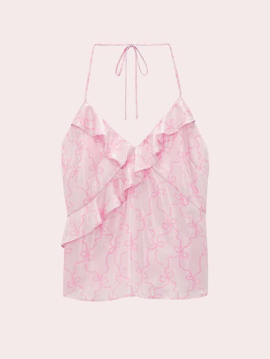 PINK x LoveShackFancy Satin Ruﬄe Halter Top