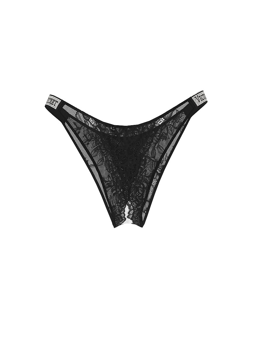 Shine Strap Rose Lace Crotchless Brazilian Panty