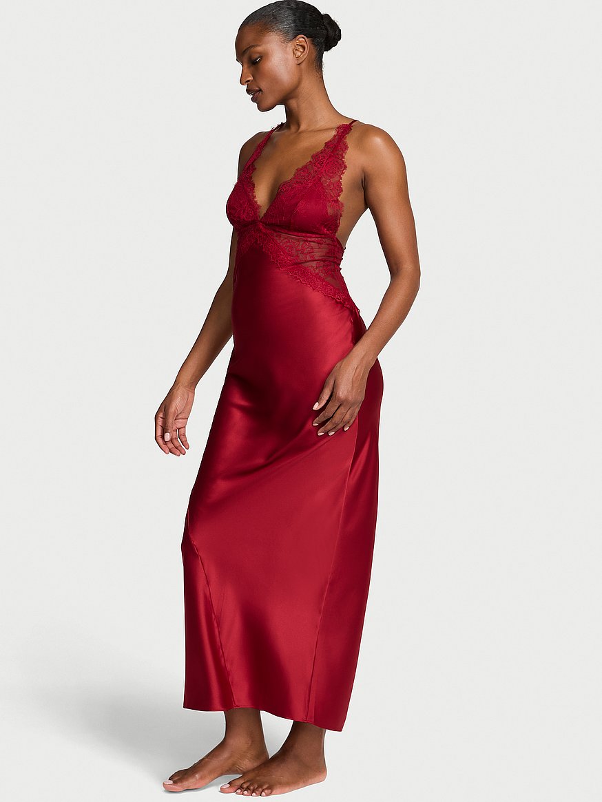 Satin Rose Lace Long Slip Dress