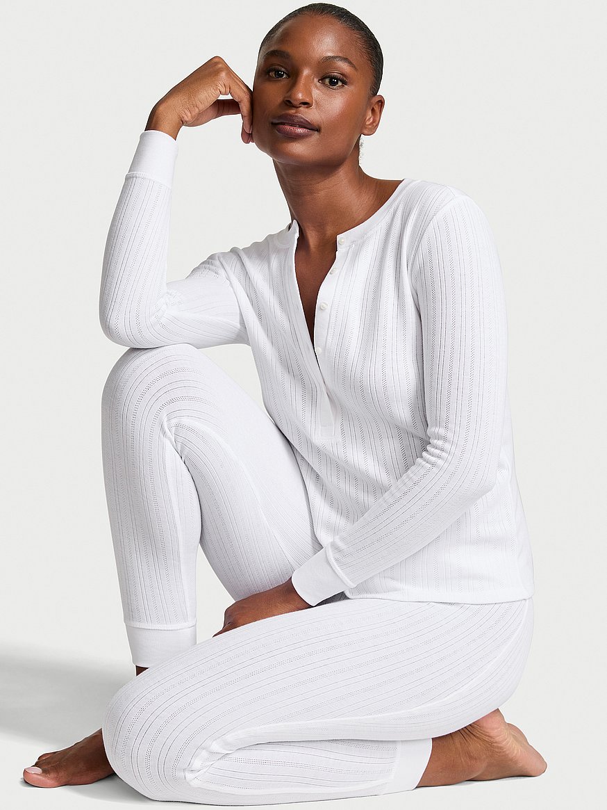 Buy Cozy Pointelle Henley Long Pajama Set, Vs White - Order