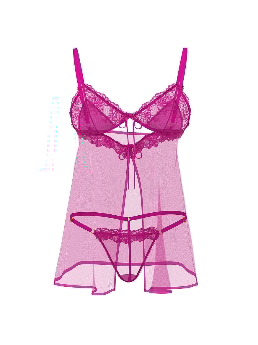 Sheer Rose Lace Triangle Babydoll Set