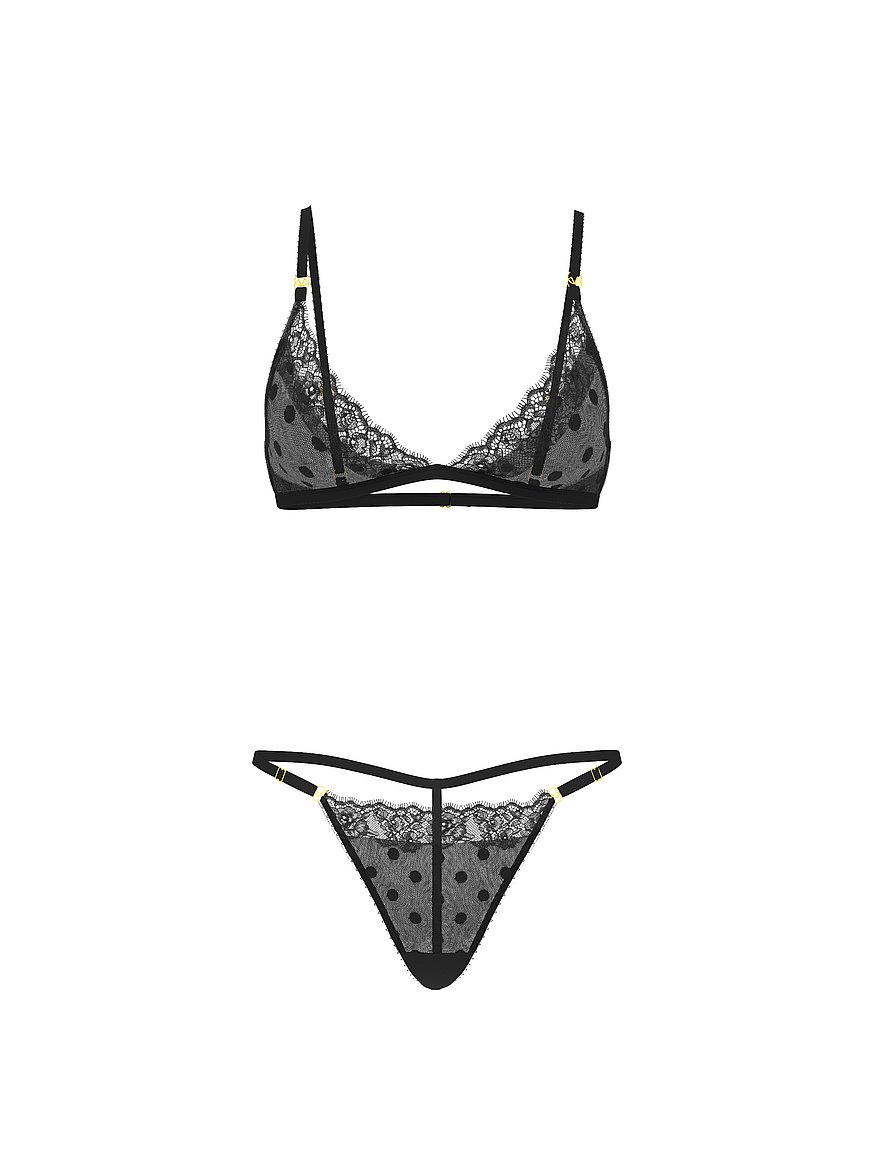 Sheer Heritage Dot Lace-Trim Triangle Bralette & V-String Set