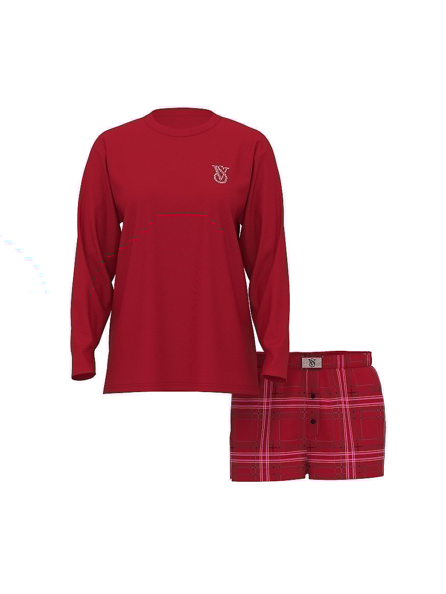 Flannel Long-Sleeve Short Tee-Jama Set