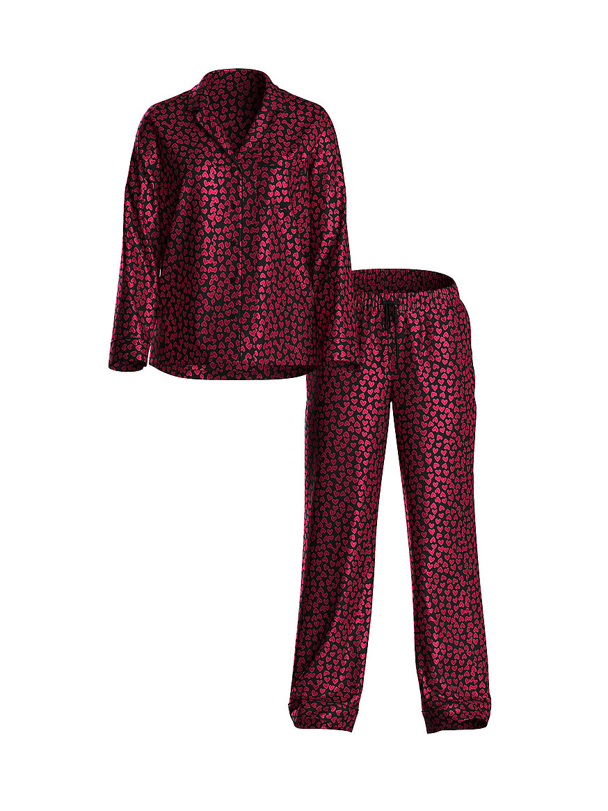 Buy Signature Satin Long Pajama Set, Black/Lipstick Scattered