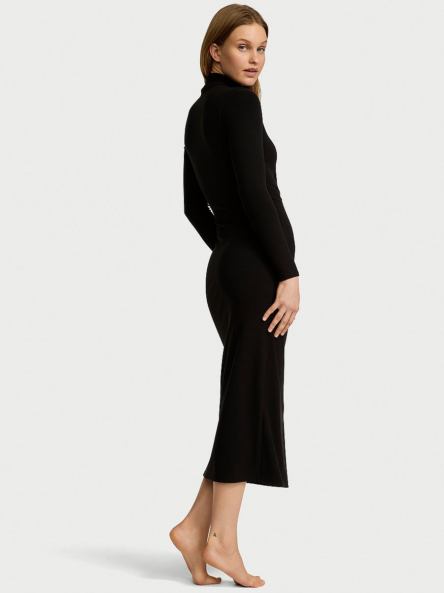 Victoria's Secret Shapewear By Victoria Smoothing Rib Long-Sleeve Turtleneck Maxi Dress Black (XS)