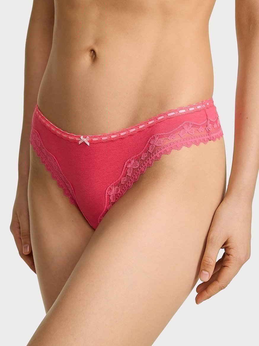 Cotton Bow Lace-Trim Thong Panty