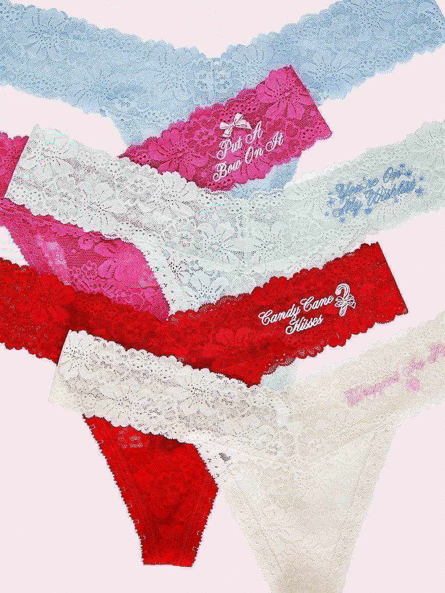 PINK x LoveShackFancy Holiday Notes 5-Pack Thong Panties