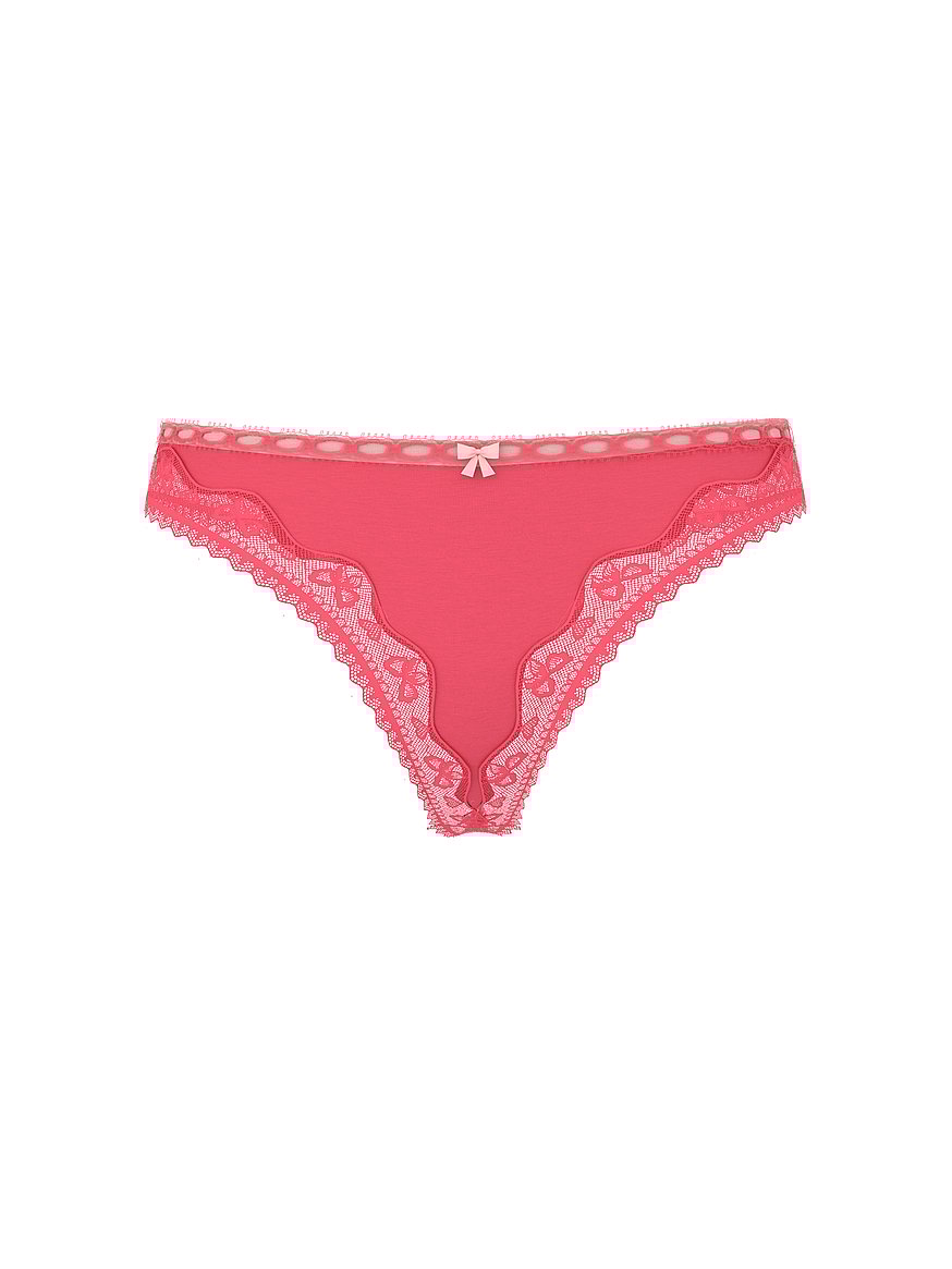 Cotton Bow Lace-Trim Thong Panty