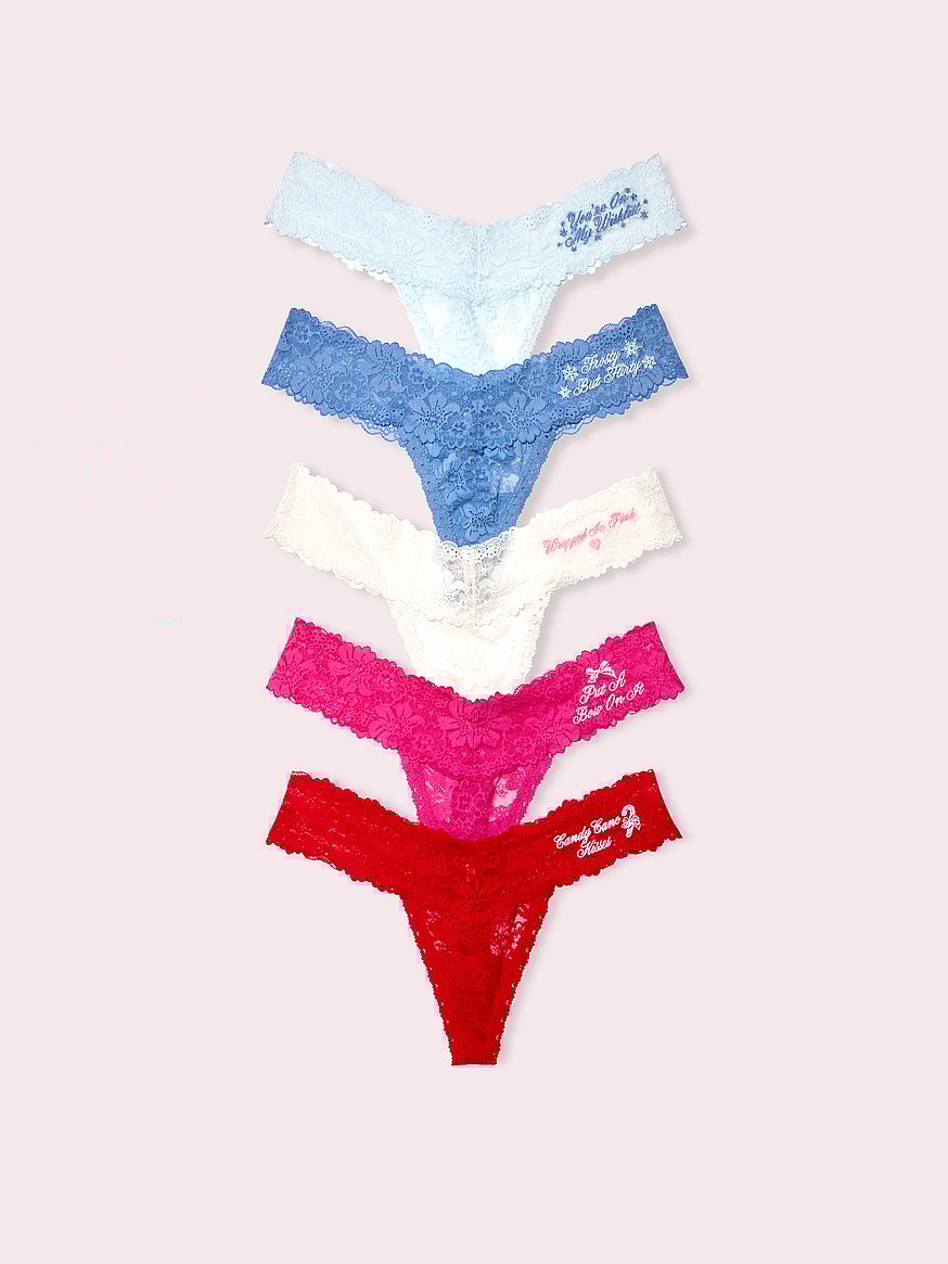 PINK x LoveShackFancy Holiday Notes 5-Pack Thong Panties