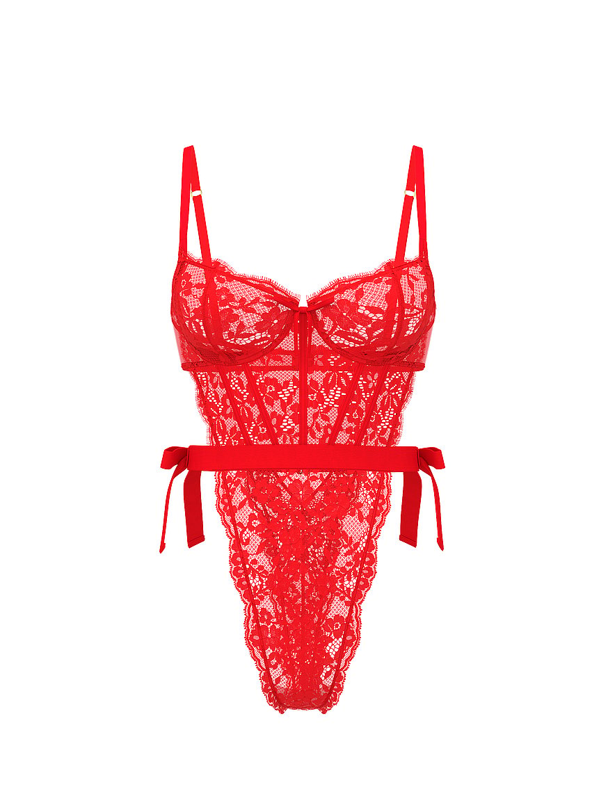 Buy Wicked Unlined Lace Teddy, Bright Vermillion - Order Teddies
