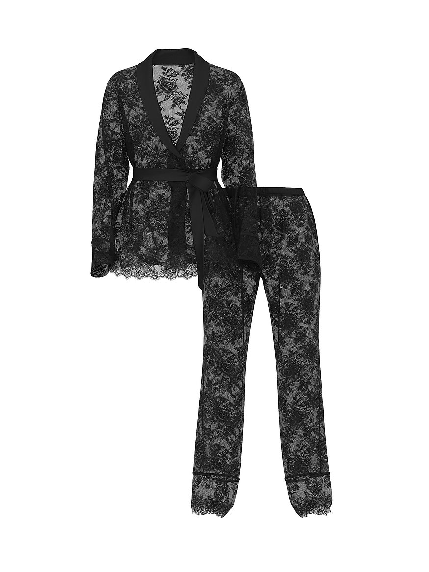 Buy Rose Lace Long Pajama Set, Black - Order Pajamas Sets online