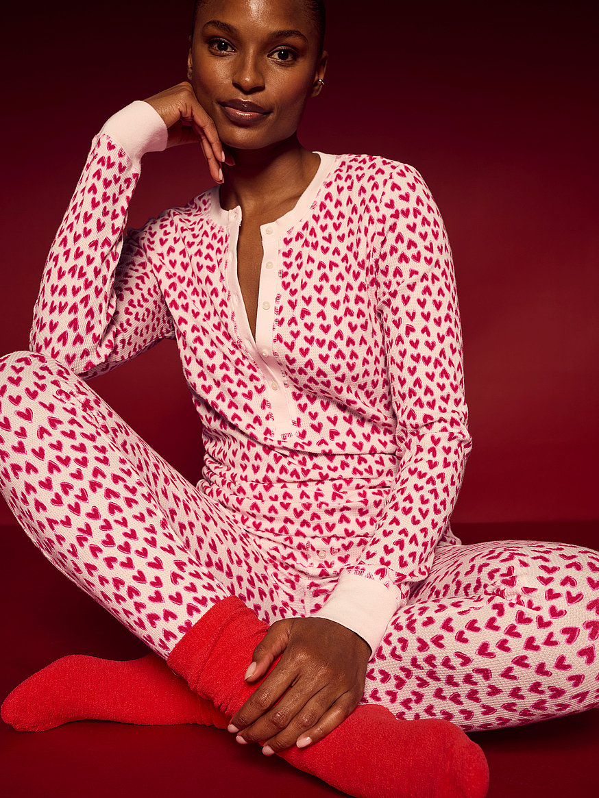 Buy Soft Thermal Henley Long Pajama Set, Coconut White W Lipstick