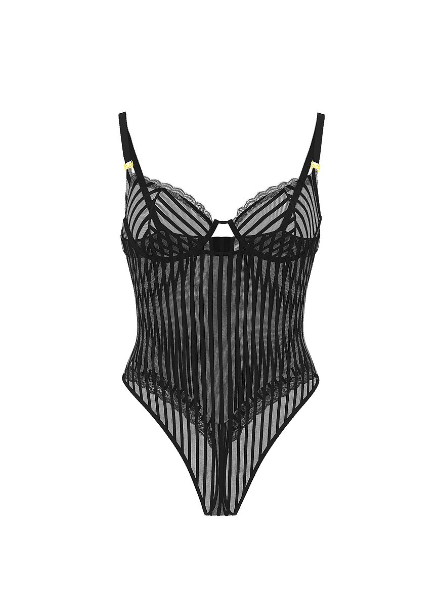 Buy Tease Sheer Stripe Lace-Trim Cupped Bodysuit, Black - Order