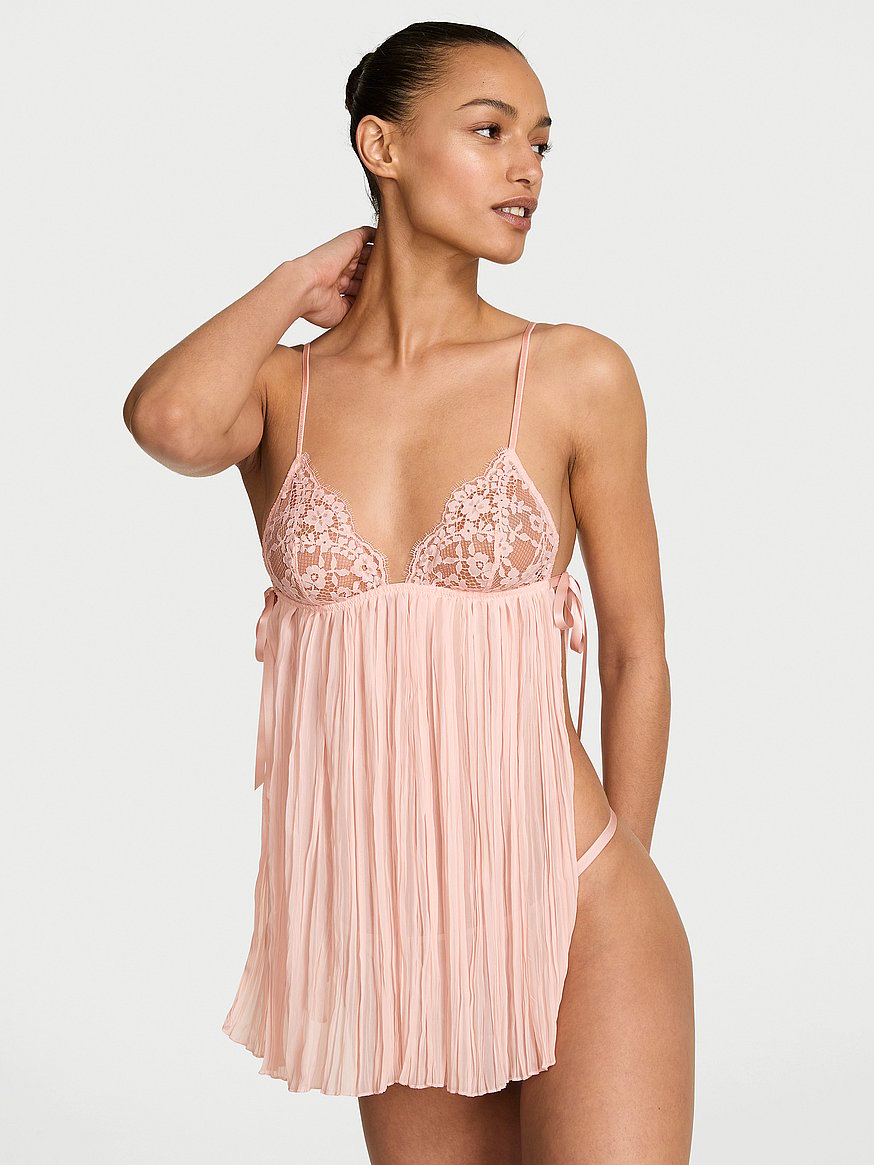 Buy Lace Triangle Pleated Babydoll Set, Purest Pink - Order