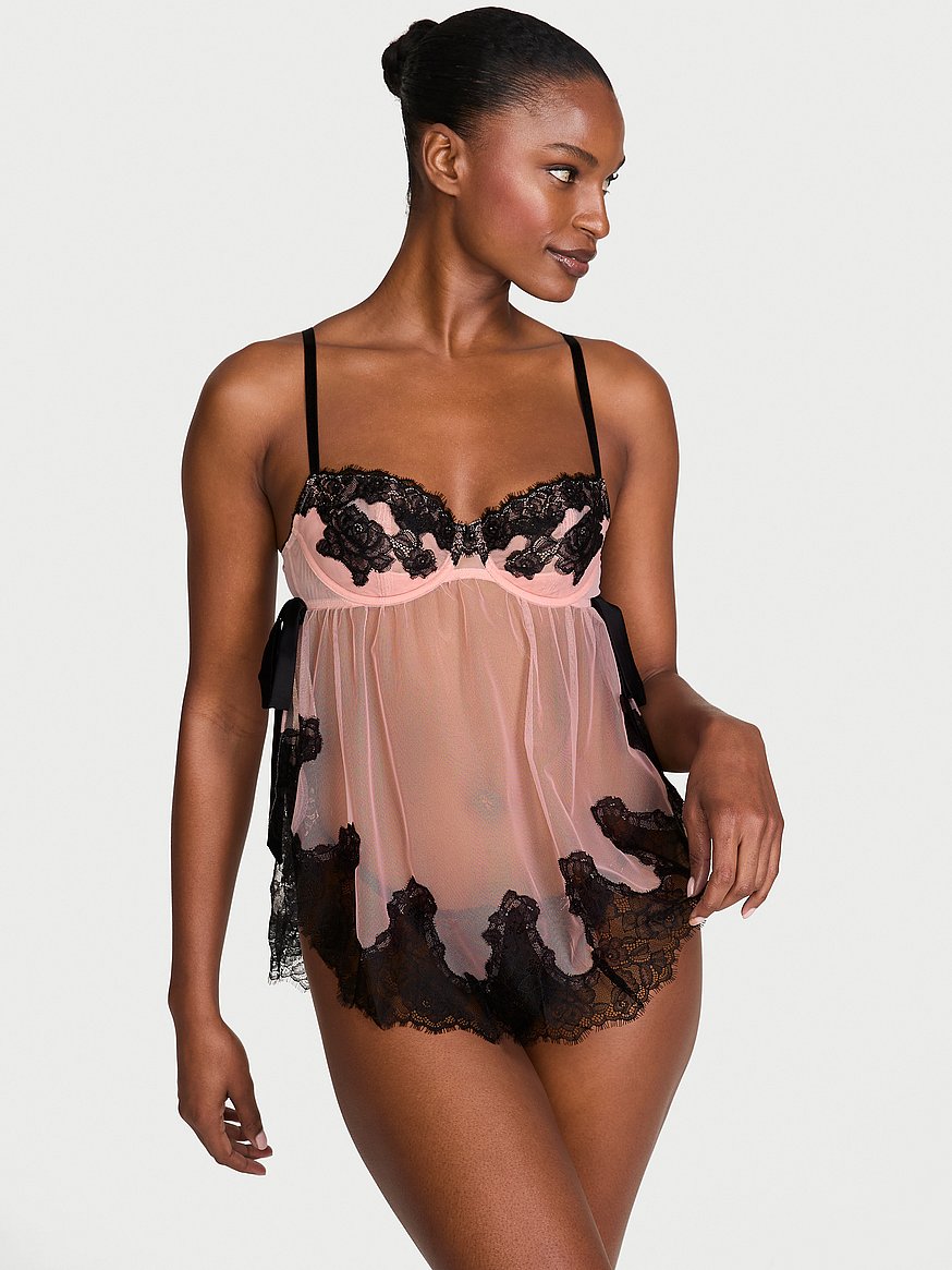 Buy Wicked Sheer Unlined Lace-Trim Babydoll Set, Royal Pink