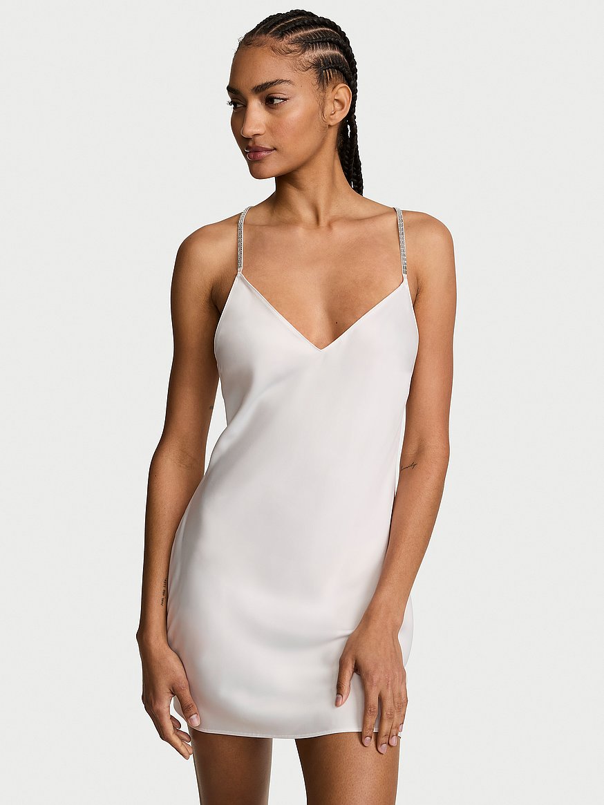 Silky Slip White Satin Mini Slip Dress Very Sexy Crystal Bow Satin Mini Slip,  White/ivory,