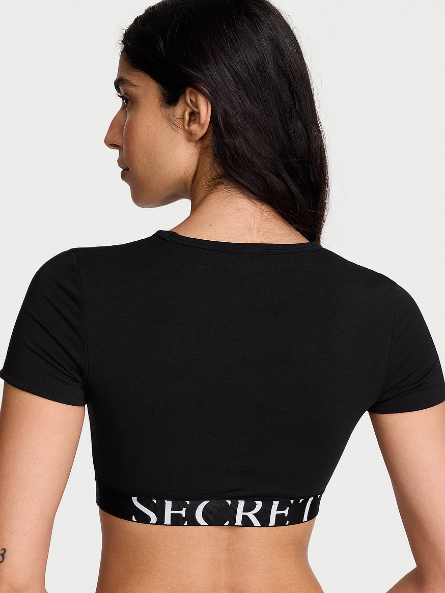 Buy Cotton Short-Sleeve Bralette Crop Top, Black - Order Bralettes
