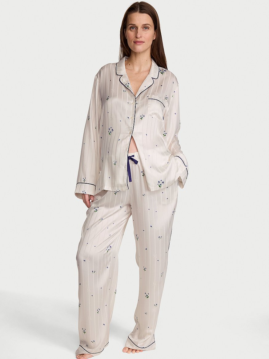 Buy Signature Satin Long Pajama Set, Coconut White Floral - Order