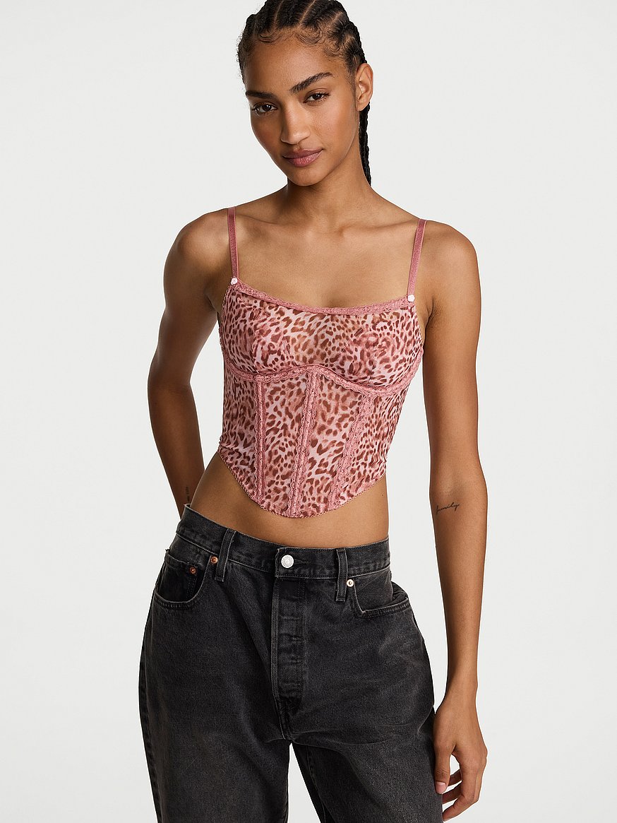 Buy Sweet Leopard Mesh Corset Top, Angel Pink Leopard - Order Bras