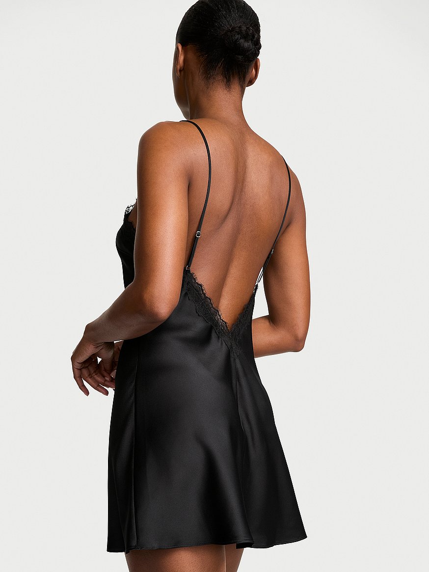 Victoria's Secret Satin Lace-Trim Mini Slip Dress - Black Victoria's Secret Satin Lace-Trim Mini Slip Dress - Black
