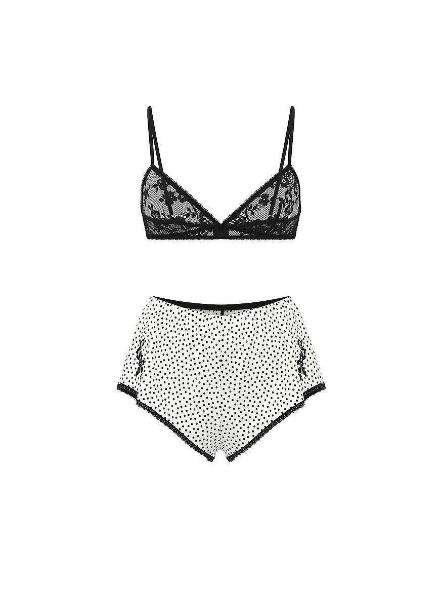 Buy Lace Bralette & Chiffon Polka Dot Shorts Set, White & Black