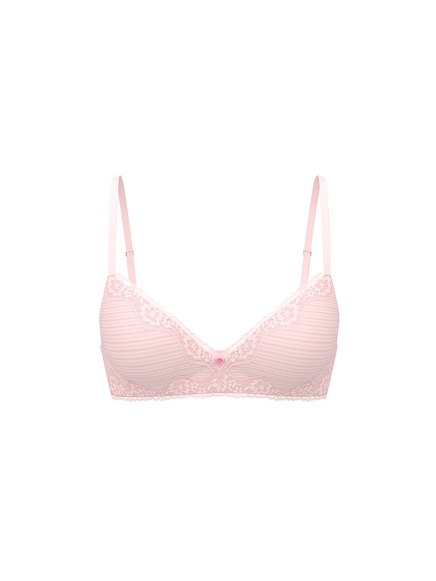 Cotton Shadow Stripe Lace-Trim Lightly Lined Wireless Bra