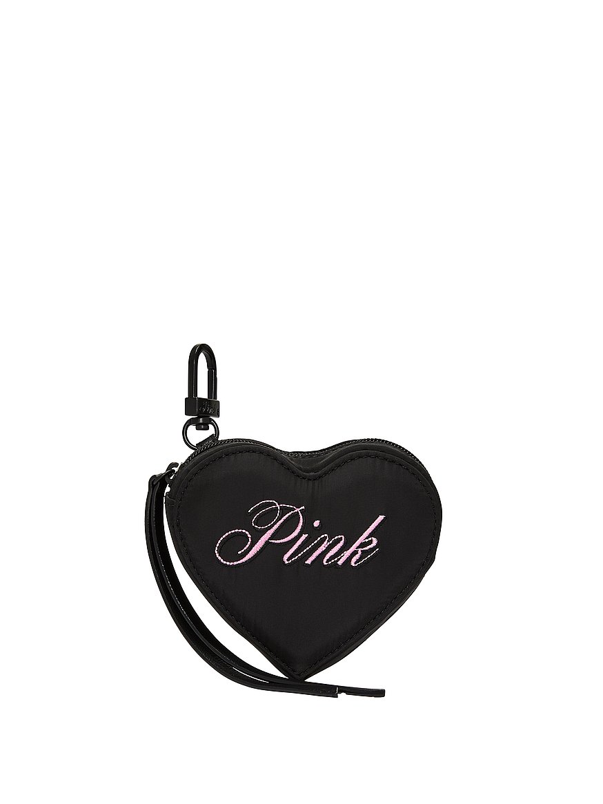 Buy Heart Pouch Keychain Charm, Black & Pink Script - Order Small
