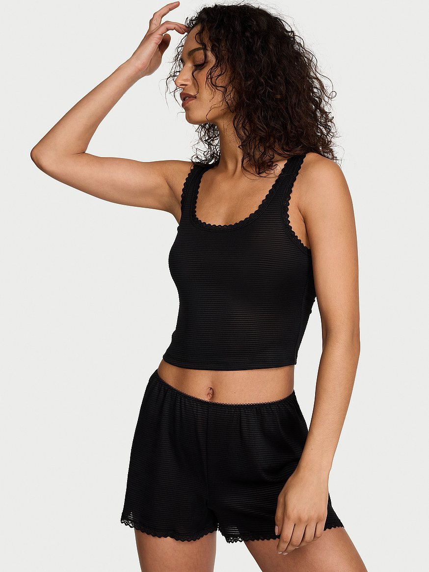 Buy Cotton Shadow Stripe Cropped Tank & Shorts Set, Black - Order