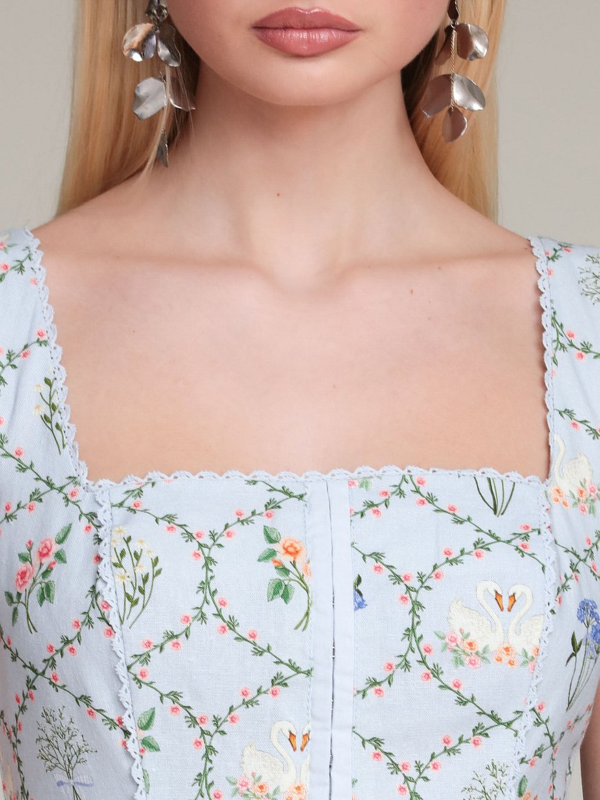 Buy Floral Lattice Linen Blend Midi Dress, Periwinkle Felicity