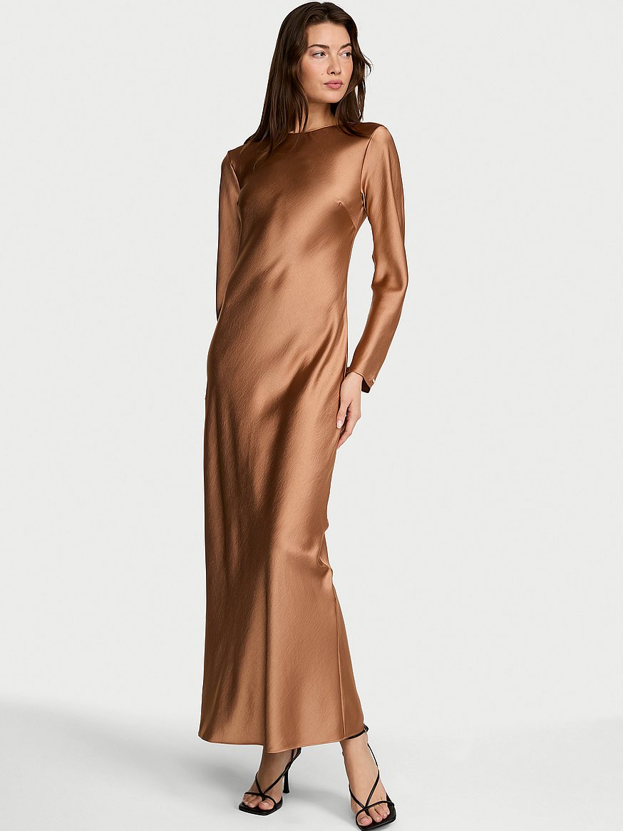 Buy Luxe Satin Long-Sleeve Maxi Slip Dress, Beige - Order Slips online -  Victoria's Secret
