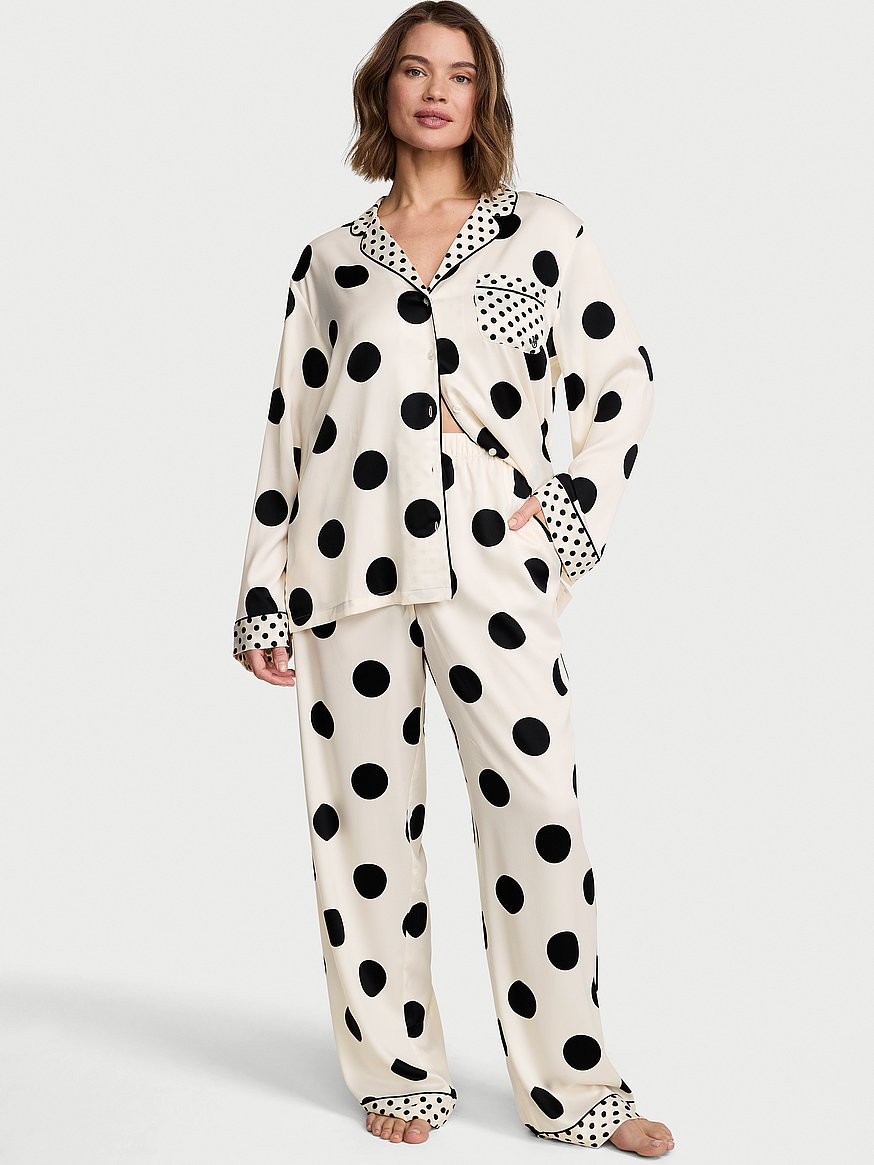 Buy Signature Satin Long Pajama Set, Tan/Black Dots - Order