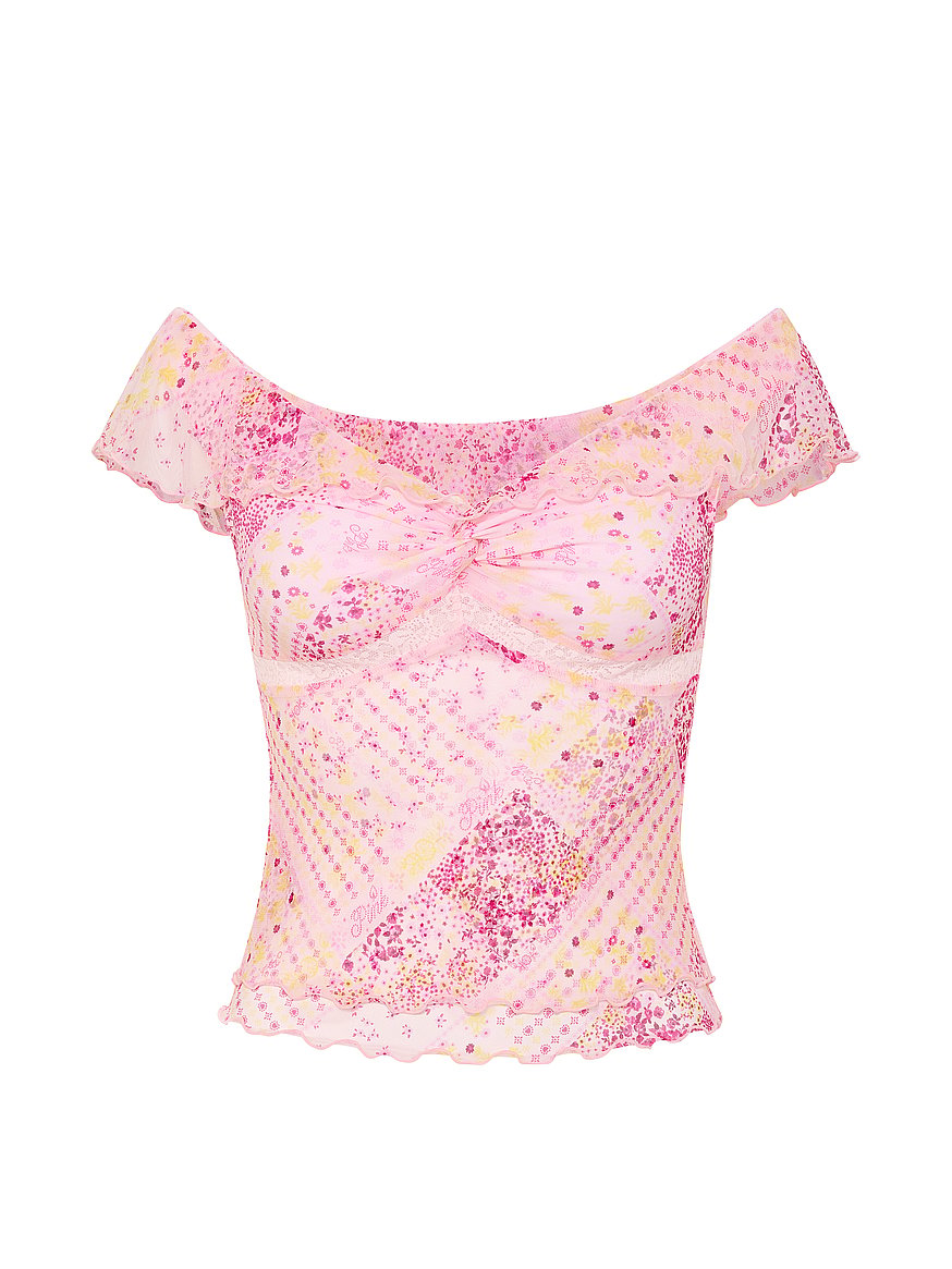 Buy Oﬀ-The-Shoulder Ruﬄe Top, Pink Tulip Floral - Order Tops