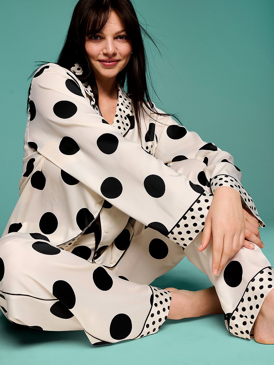 Buy Signature Satin Long Pajama Set, Tan/Black Dots - Order