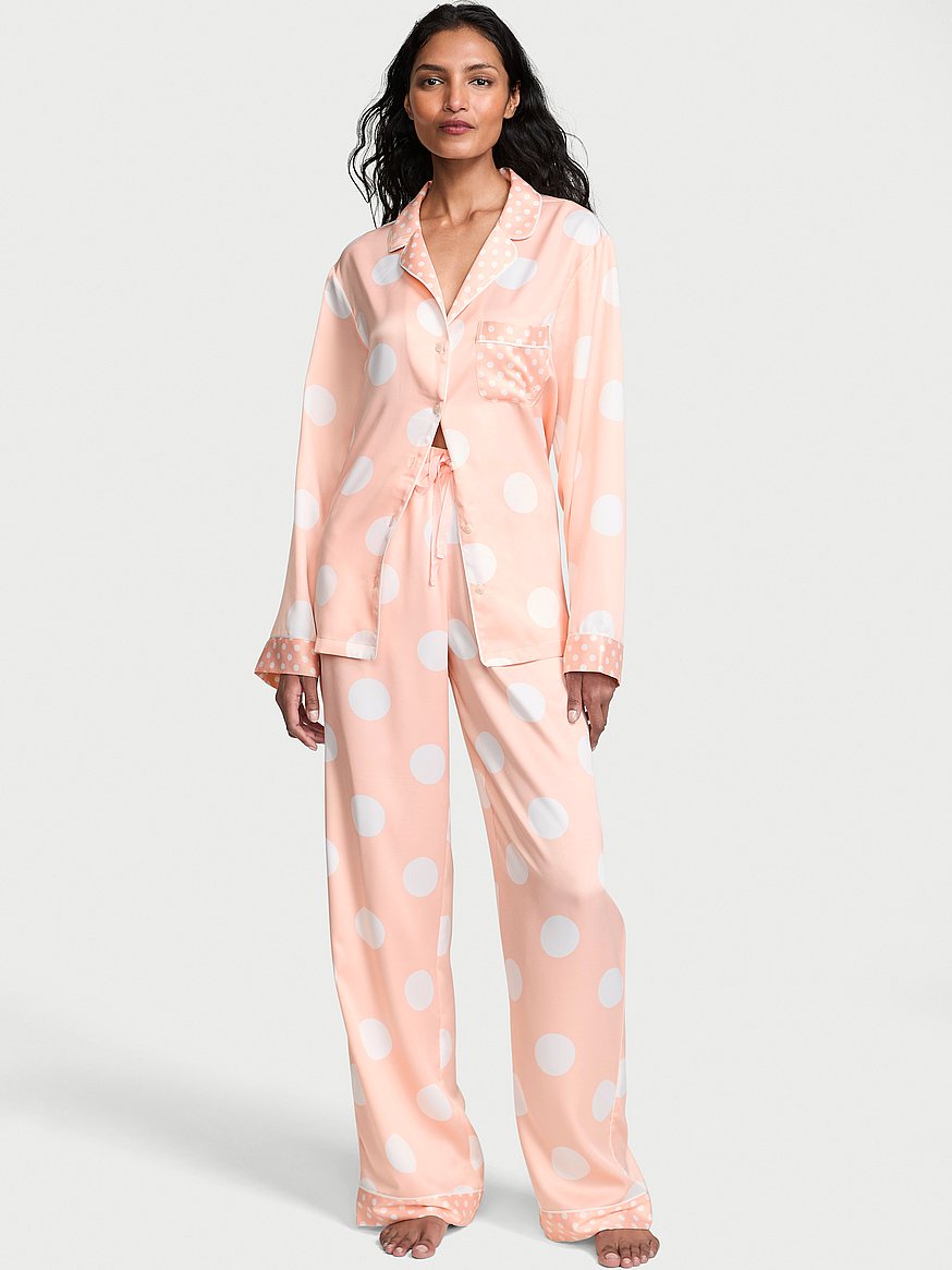 Buy Signature Satin Long Pajama Set, Pink Dots - Order Pajamas