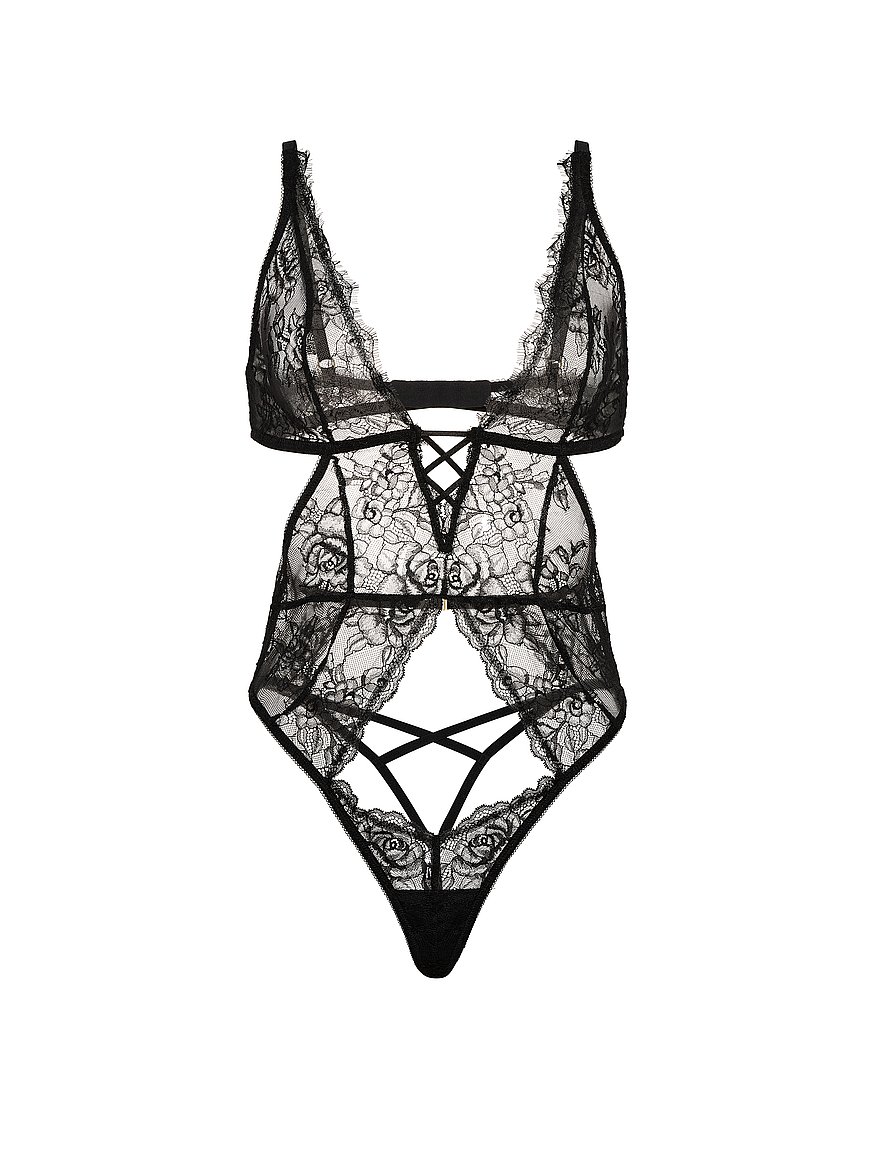 Buy Rose Lace Plunge Teddy, Black - Order Teddies online
